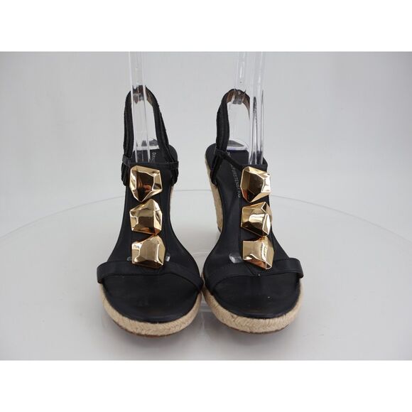 Diane Von Furstenberg Leather Jute Sandals Womens 9.5 Embellished Black Wedges - Picture 4 of 14